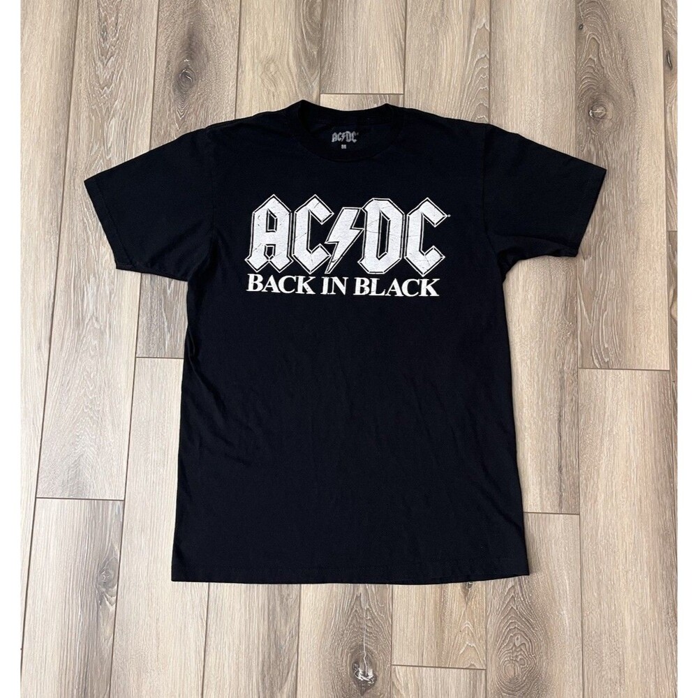 AC/DC Back In Black Graphic T-Shirt Mens Medium Black Cotton Rock Band Tee